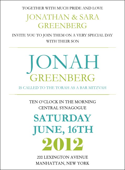 Bar Mitzvah Green and White Invitation