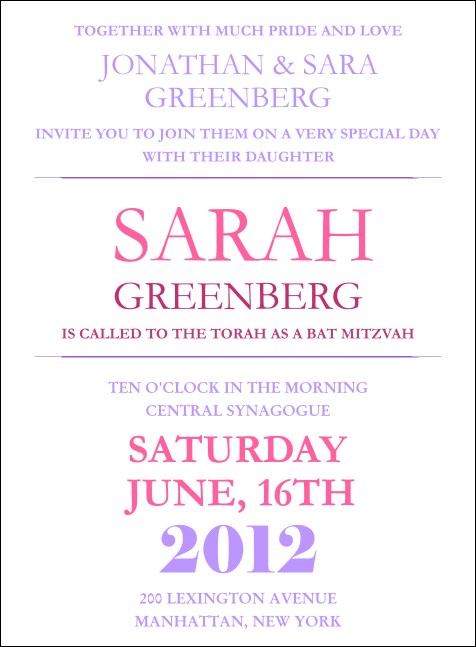 Bat Mitzvah Pink and Lavender Invitation Product Front