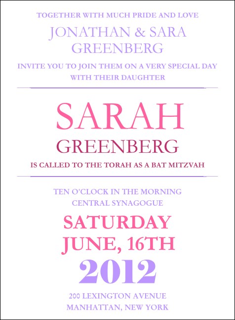 Bat Mitzvah Pink and Lavender Invitation