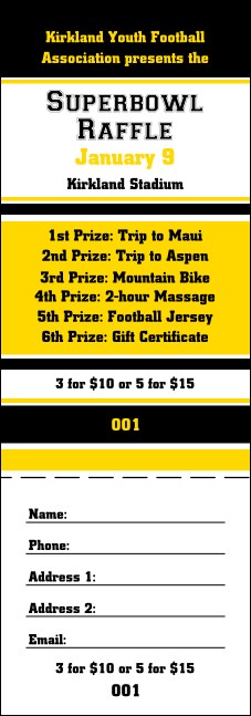 Sports Raffle Ticket 001 in Black and Yellow Product Front