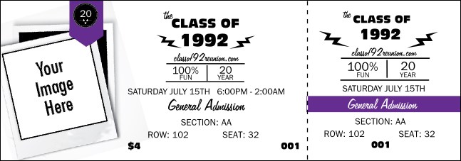 Class Reunion Mascot Purple Reserved Event Ticket Product Front