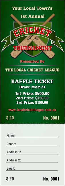 Cricket Tournament Raffle Ticket Product Front